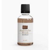 Fles met bruine olie en zwarte dop van Arabische Musk parfumproduct
